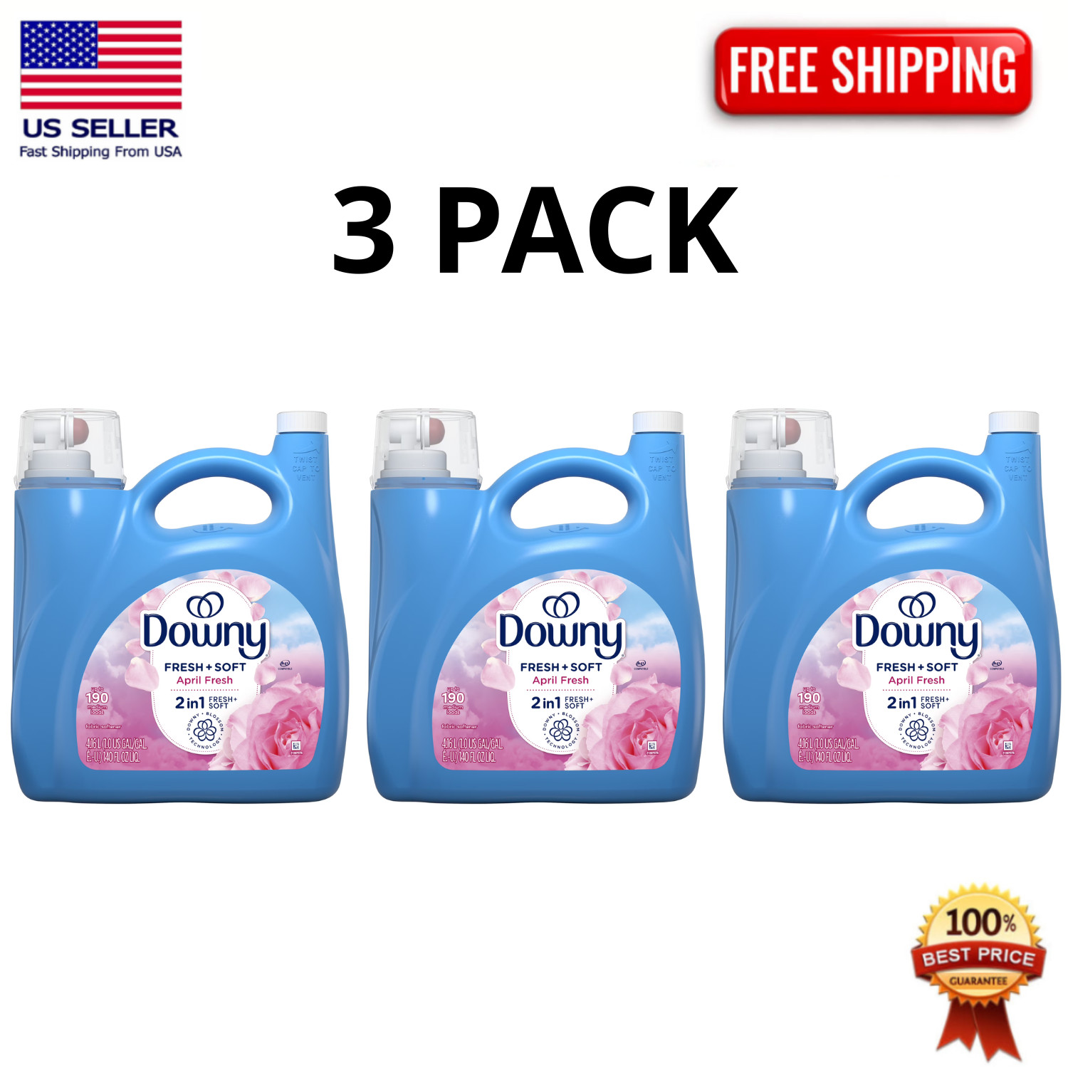 Downy April Fresh Liquid Fabric Softener Conditioner 140 fl oz 190 Loads, 3 Pack