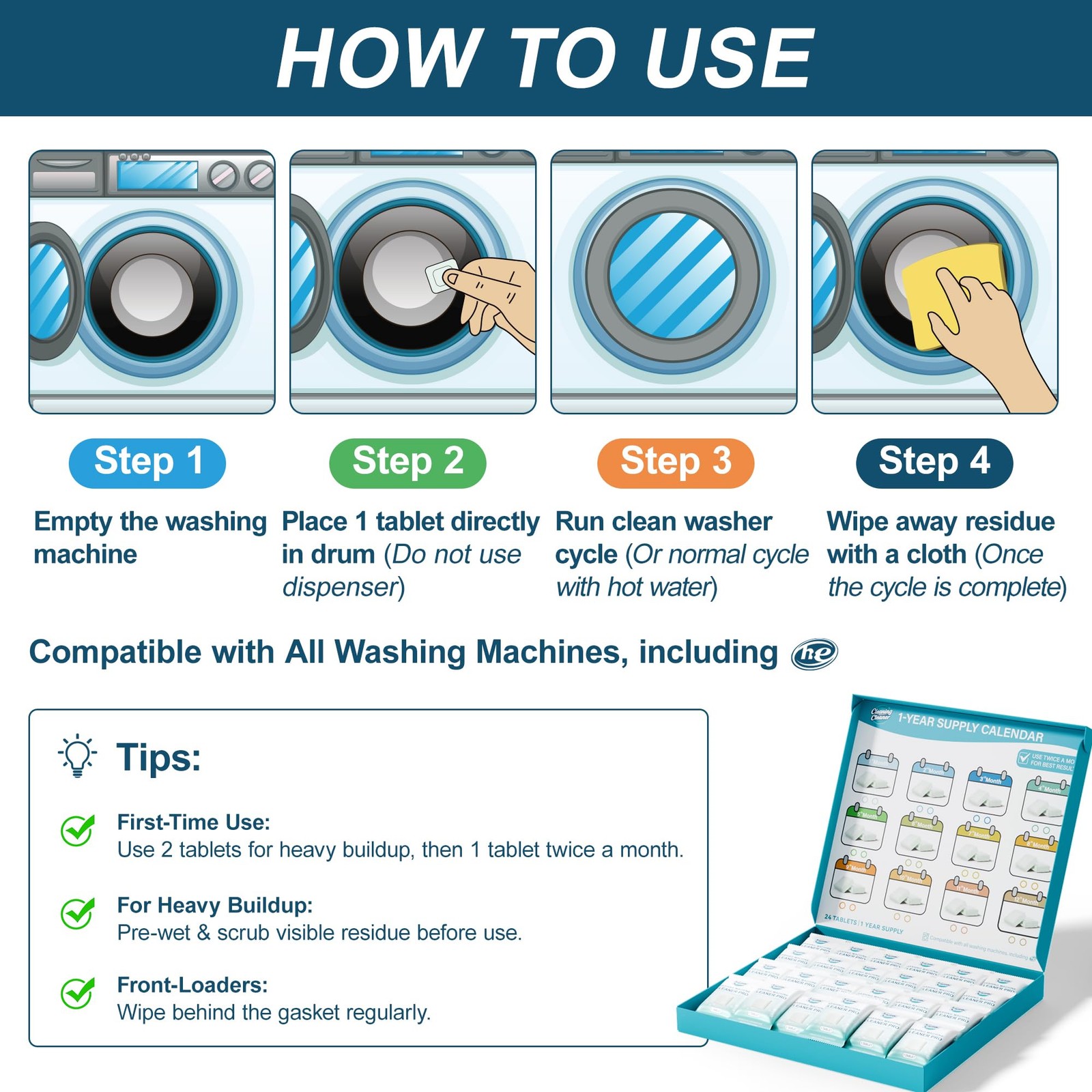 Cleaning-Cleaner Washing Machine Cleaner 1 Count (Pack of 24), White & Green