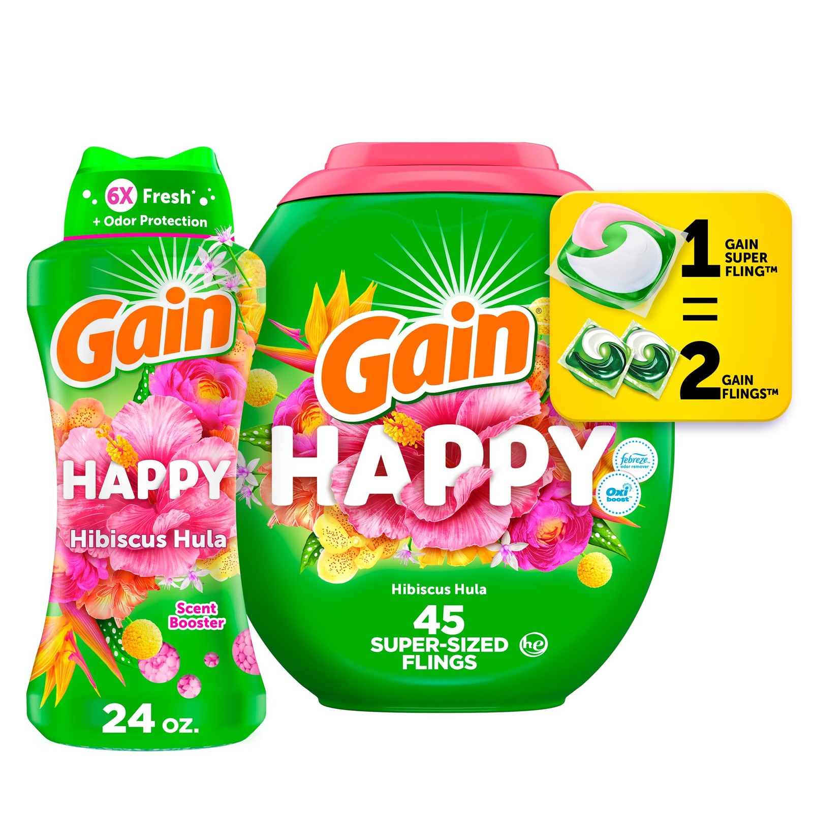 Gain Happy Laundry Bundle: Super Sized Flings Detergent Pacs,…