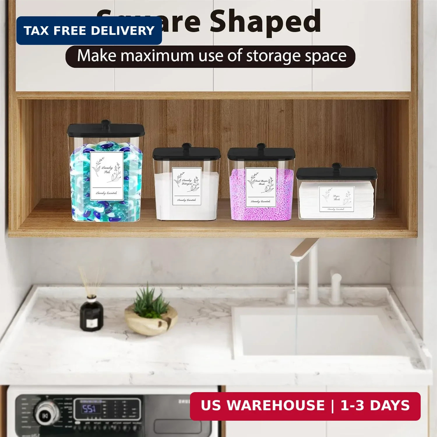 COAZEX 4 Pack Clear Laundry Pods Container & Dryer Sheet Holder, Plastic Square
