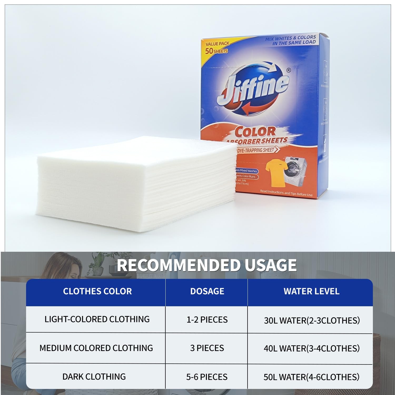 50 Count Jiffine Color Absorber Sheets for Laundry, Allow Mixed Washes,Fragrance