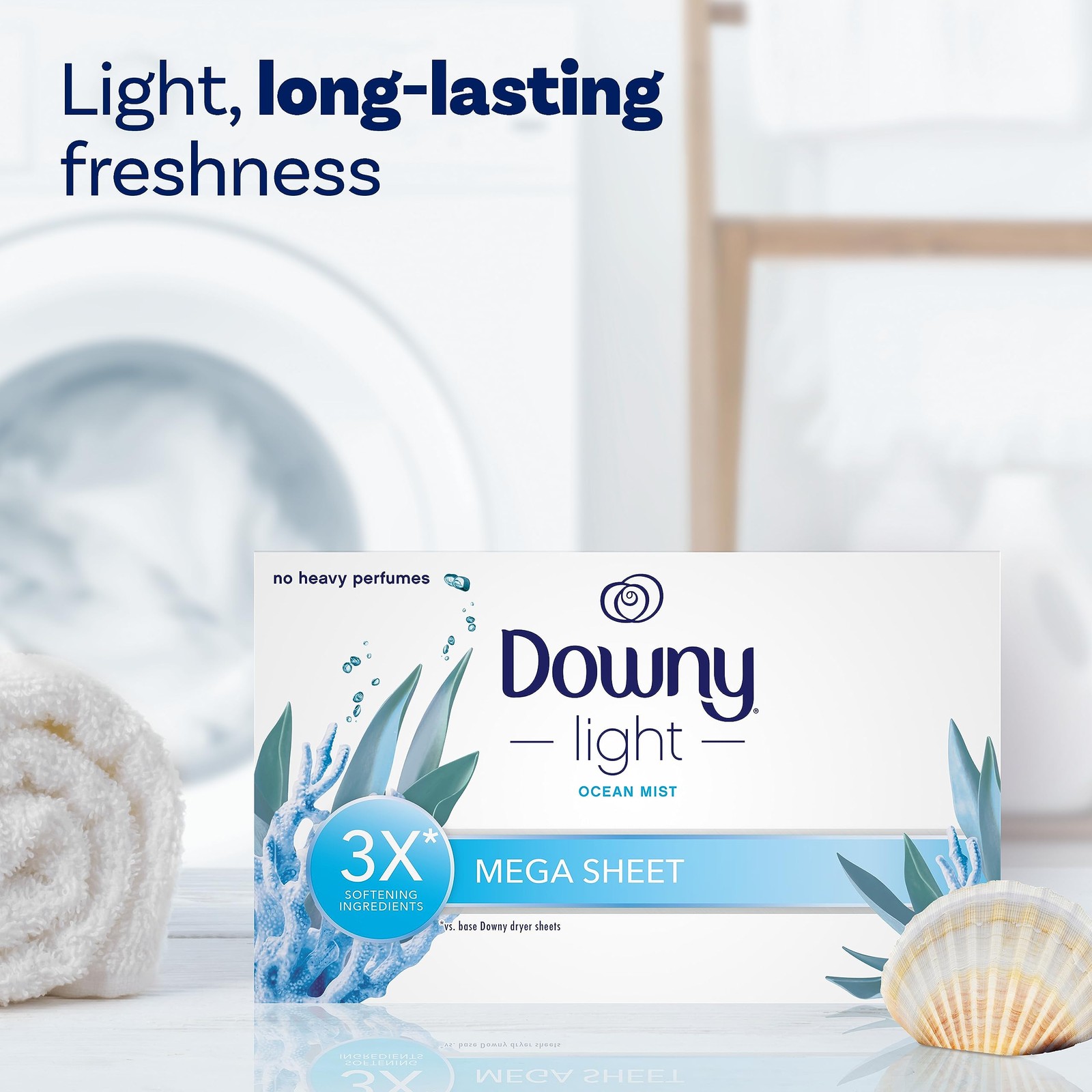 Downy Light Mega Dryer Sheets, Laundry Fabric Softener, Ocean Mist, 130 Count