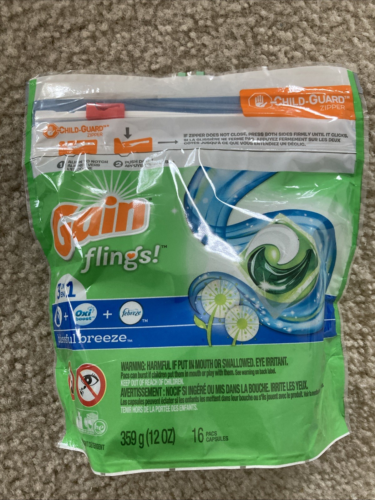 Gain Flings Blissful Breeze 3in1 Detergent 12 oz 16 Capsules