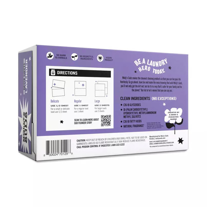 Molly’s Suds Fabric Softener Dryer Sheets, Lavender 120 Sheets (Pack of 2)