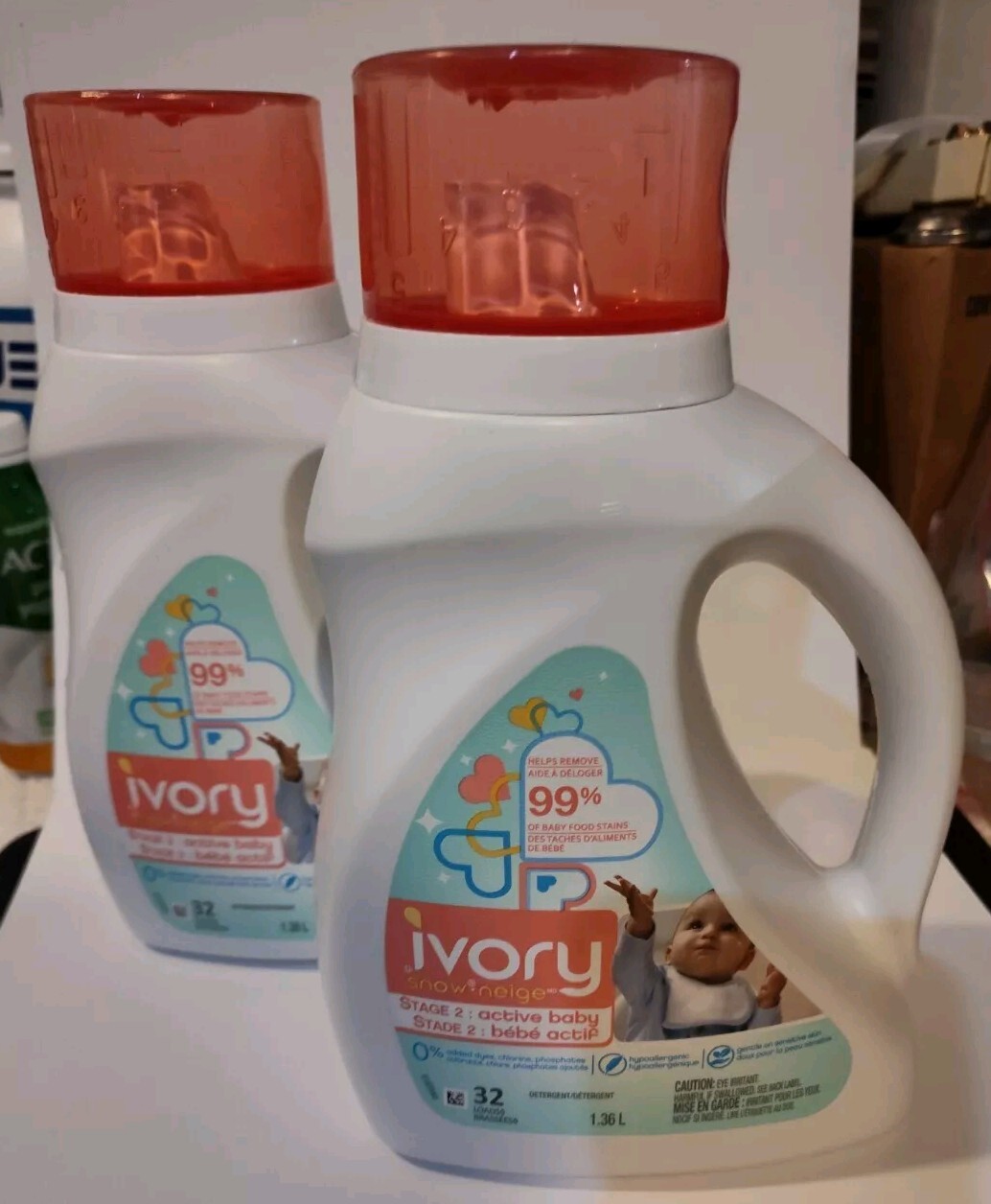 2x IVORY SNOW STAGE 2: ACTIVE BABY LAUNDRY DETERGENT 32 LOADS 45.9 OUNCES EACH