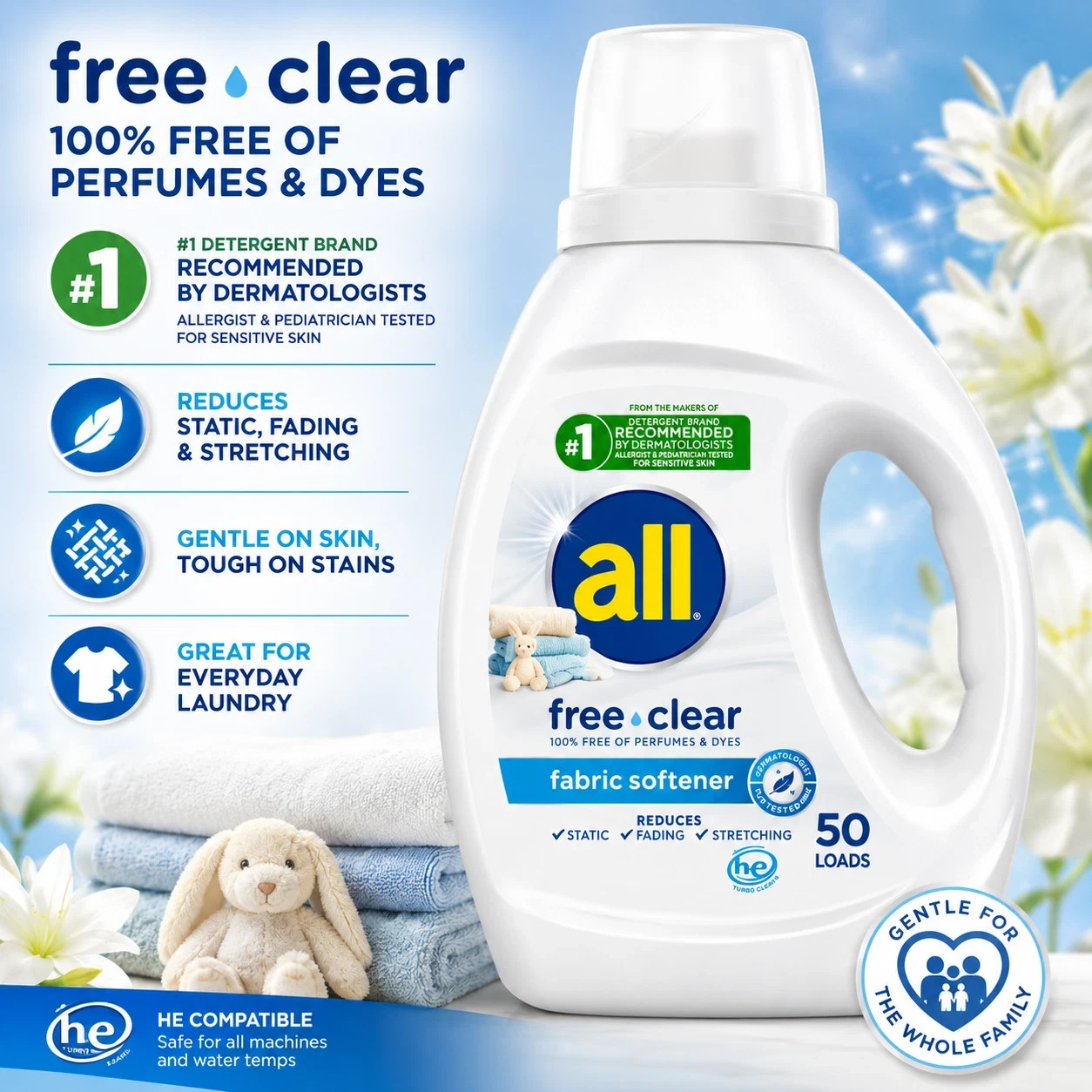 all Liquid Fabric Softener, Free Clear, 34 fl oz, 50 Loads- Free Shipping