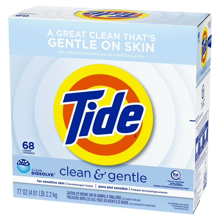 Tide Clean and Gentle Powder Laundry Detergent, Unscented, 77 oz, 68 Loads