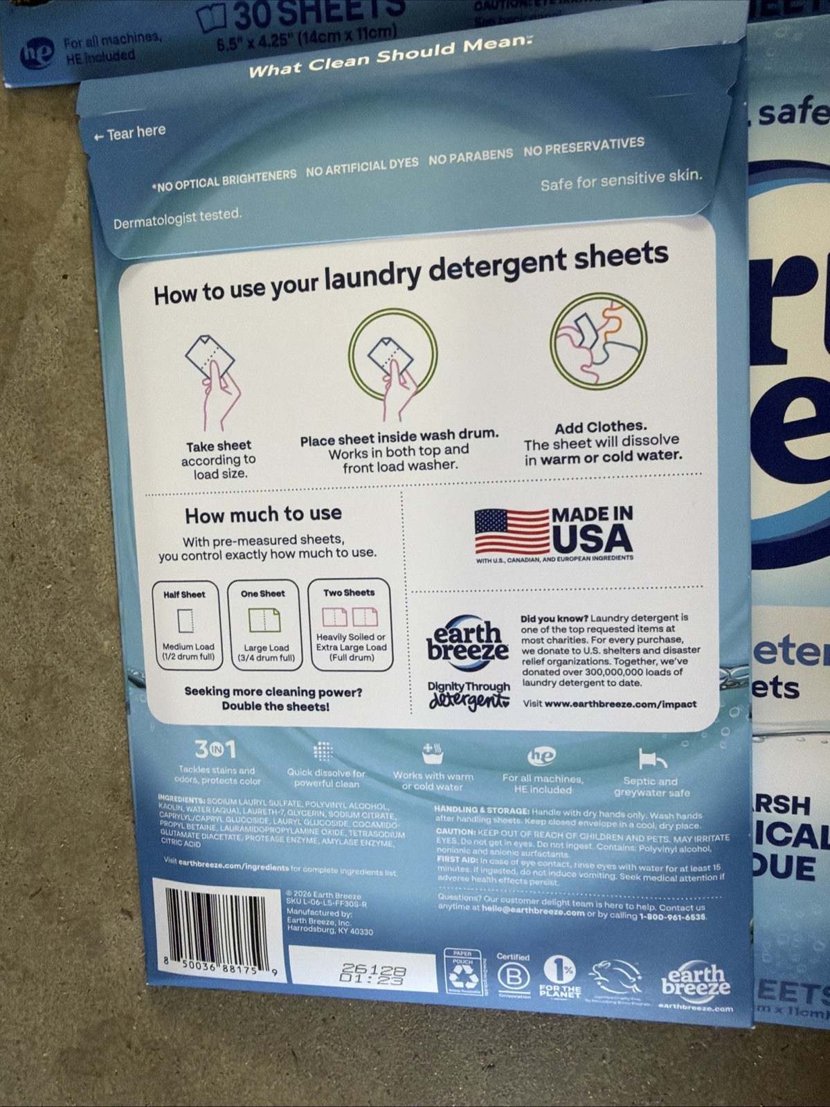 Full Case Earth Breeze Laundry Detergent Sheets-Fragrance Free (480 Loads) 8 Pks