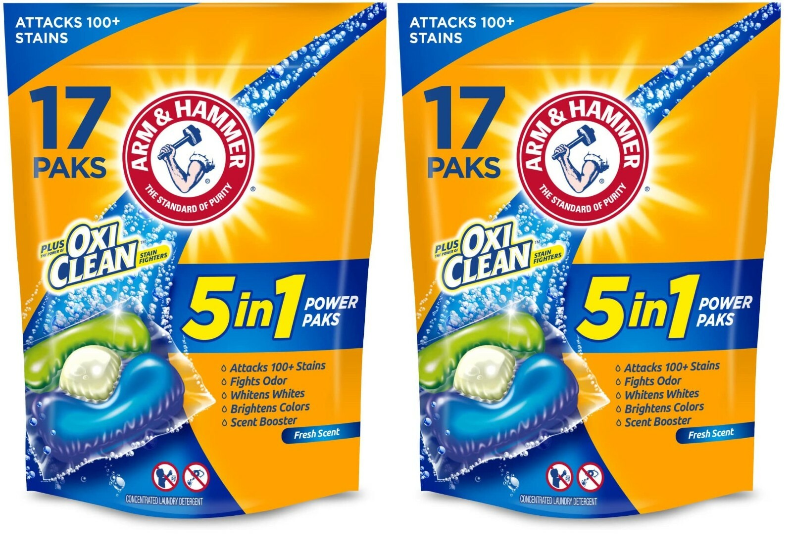 *PACK OF 2* Arm & Hammer plus OxiClean 5-in-1 Power Paks, 17 count Total 34 PAKS