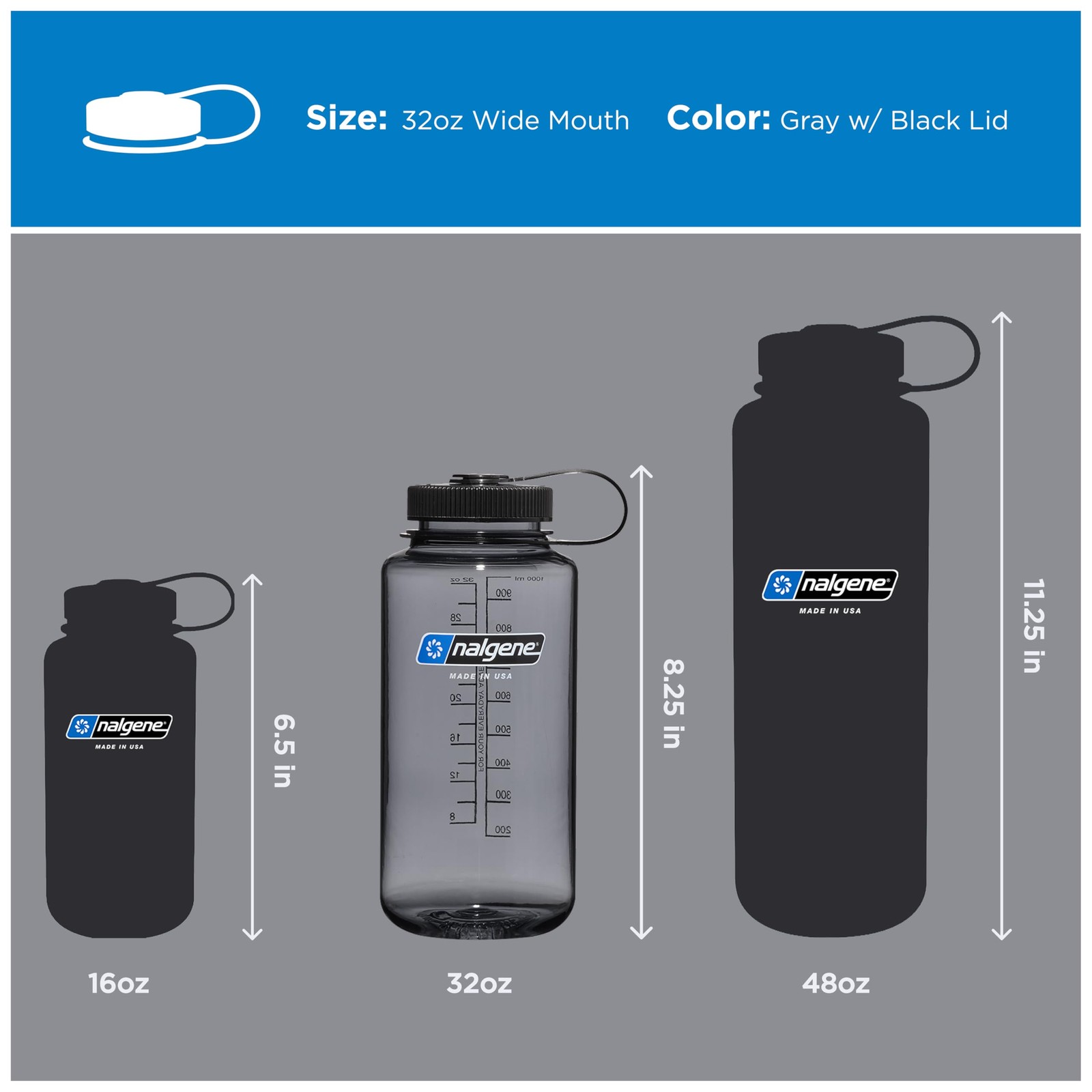 Nalgene 32 oz Wide Mouth Water Bottle | 32 Ounces, Gray w/ Black Lid