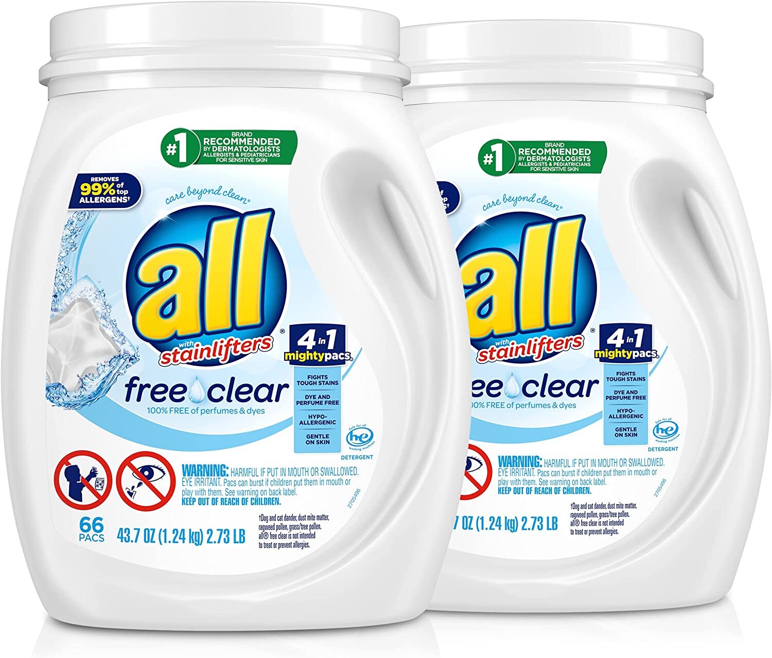 Stain Lifters Free Clear Laundry Detergent for Sensitive Skin, 66 Count(2 Pack)