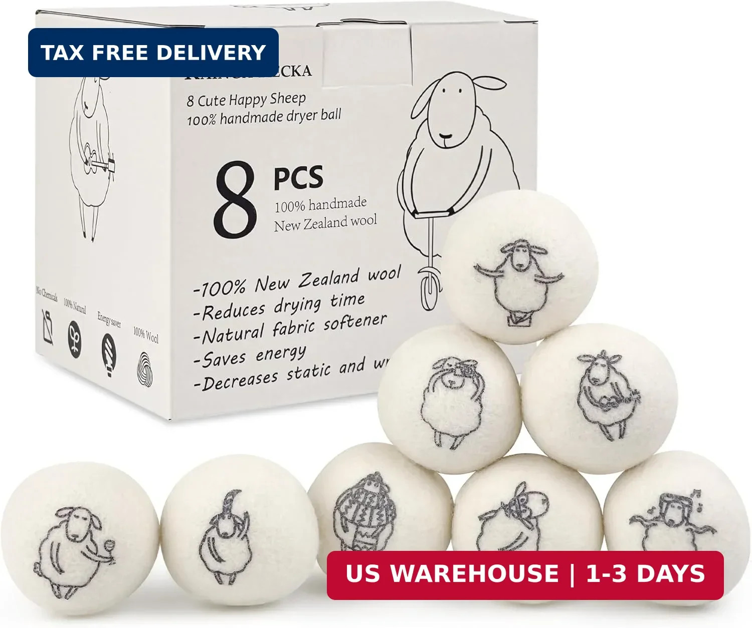 Wool Dryer Balls, 8PCS Dryer Balls with Happy Sheep – Natural & Organic, 100% Ne