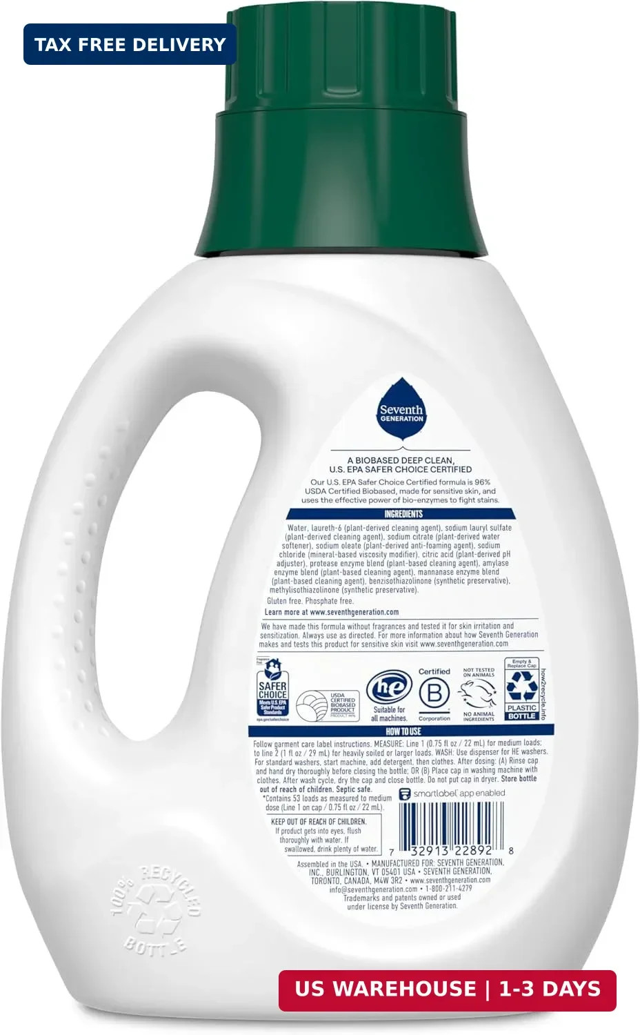 Seventh Generation Concentrated Free & Clear Laundry Detergent, 40 oz, No Dyes o