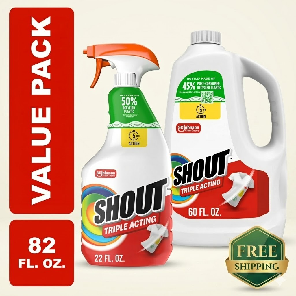 Shout Active Enzyme Laundry Stain Remover 22oz Spray & 60oz Refill Triple Action