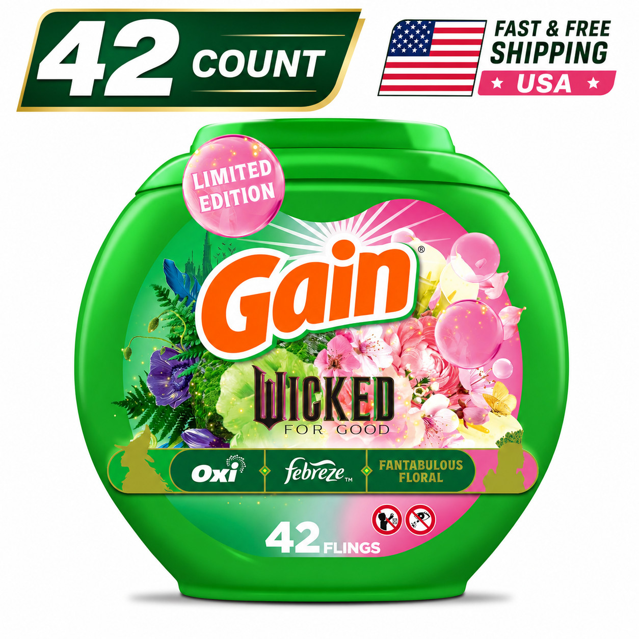 Gain Flings Wicked For Good Laundry Detergent Pacs 42 Count Floral HE 3-in-1
