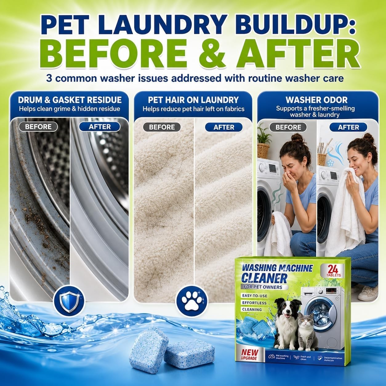 Enzyme Washing Machine Cleaner Tablets for Pet Owners, 24 Count (Pack of 1)