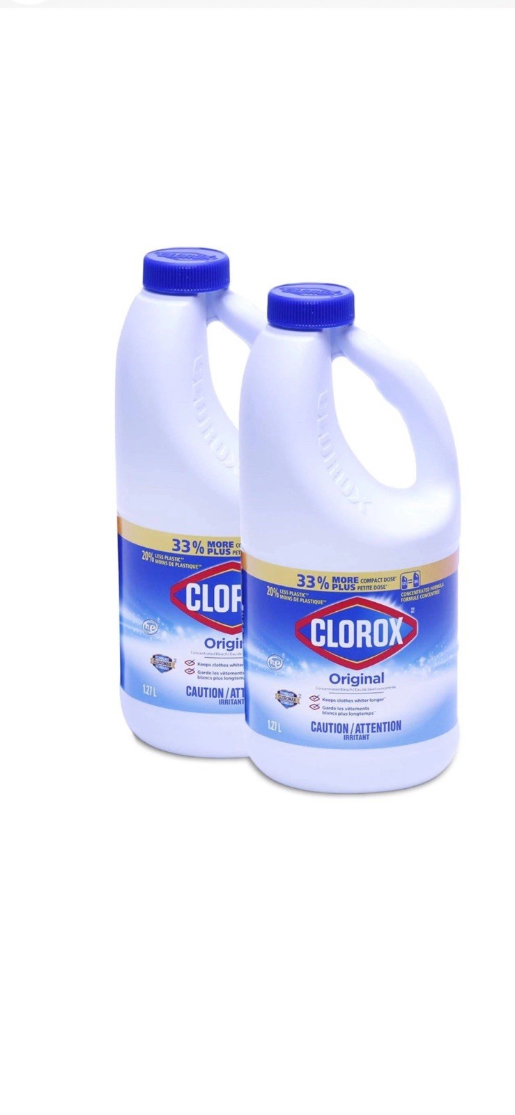 Clorox Concentrated Liquid Bleach Original 1.27 L x 2 Pack with Cloromax Tech