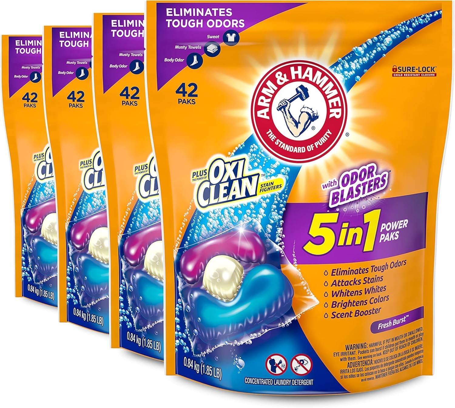 Pack of 4 OxiClean Odor Blasters – 5-in-1 Laundry Pods 168 Count, Fresh Burst