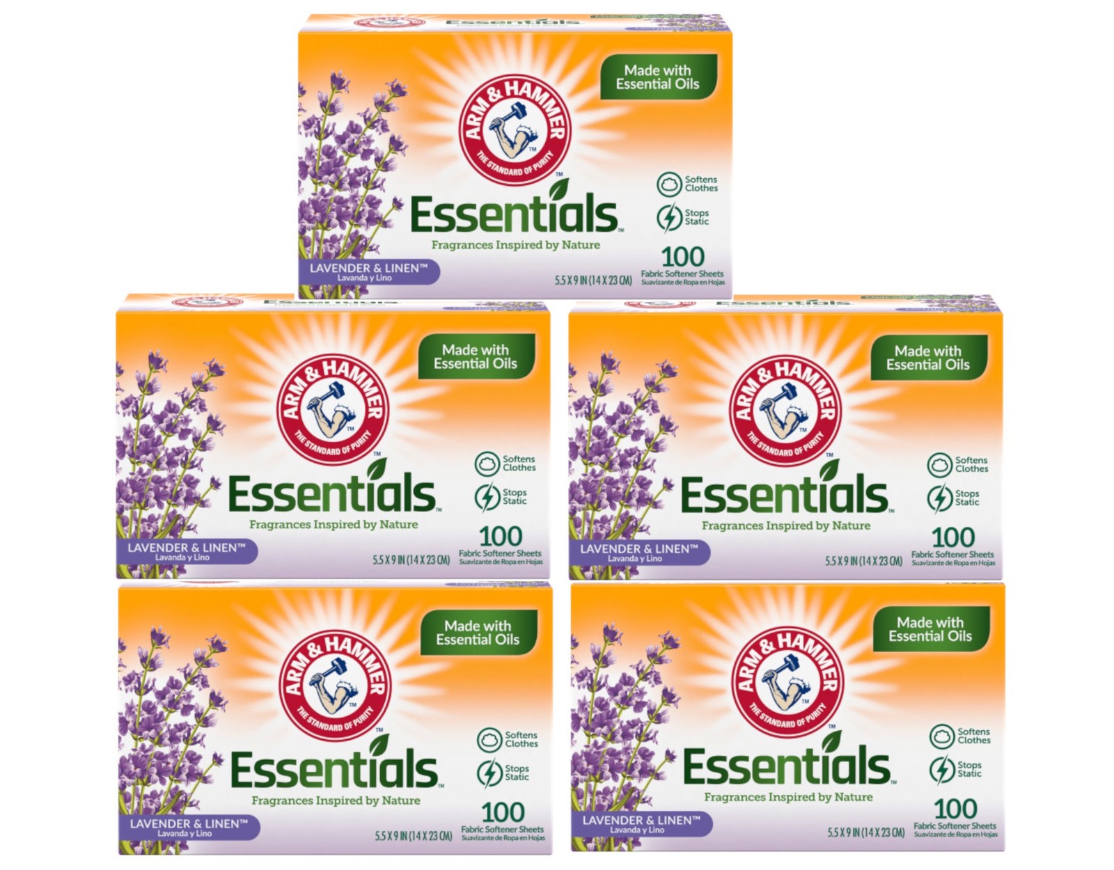 Arm & Hammer Essentials Lavender & Linen Fabric Softener Sheets 100 Ct Pack of 5