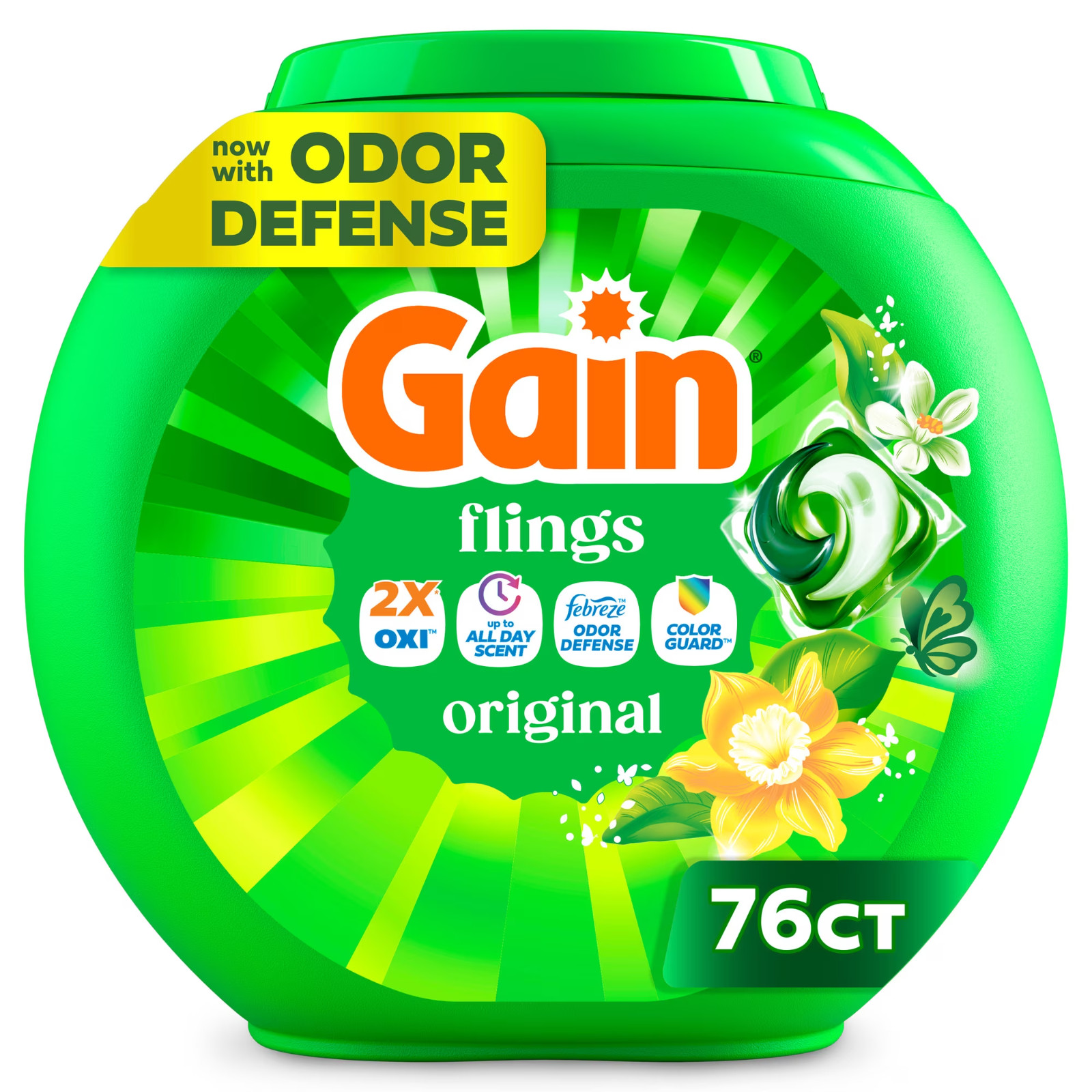 Gain Flings Original Scent Laundry Pods 3 in 1 76 Count Twin Pack 2 Tubs New