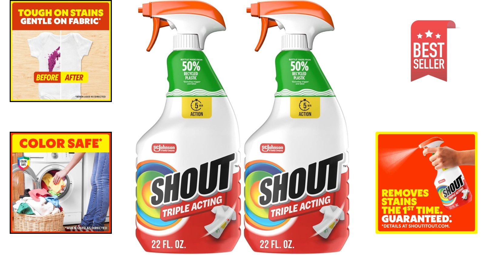 Prewash Stain Spray – Shout Triple-Acting Stain Remover (44oz) – Safe on Fabrics