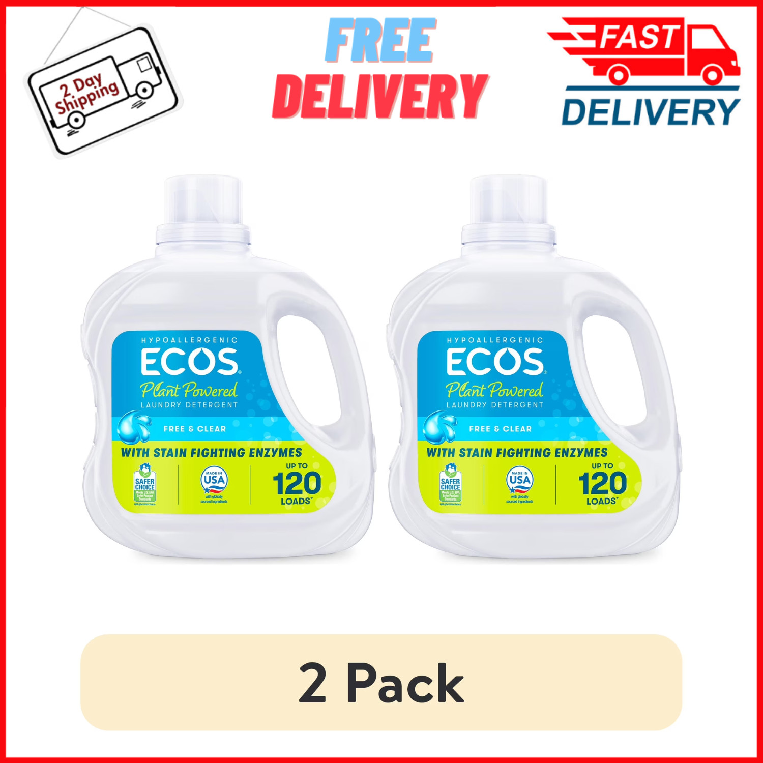 2PK ECOS Plus Liquid Laundry Detergent Free Clear 120 Loads 110oz Stain Fighting