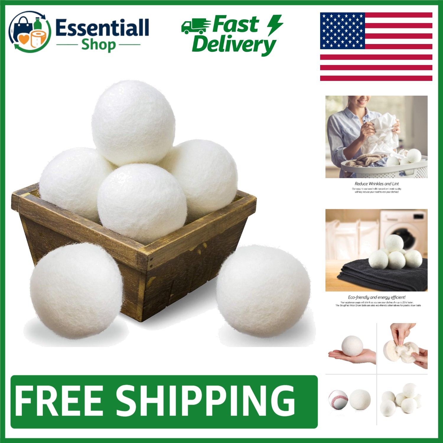 Energy-Saving XL Wool Dryer Balls – 100% Organic, 6 Count for Efficient Laundry