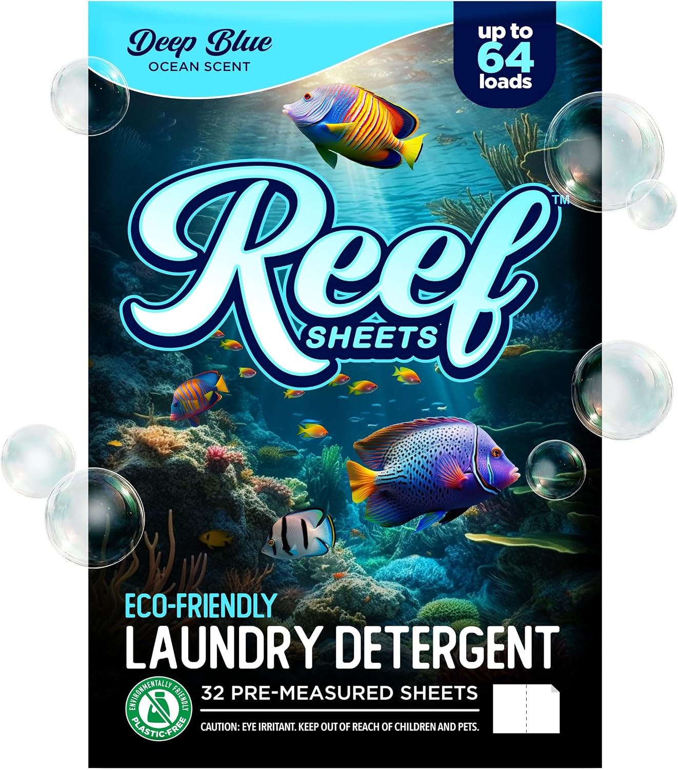 Reef Sheets Laundry Detergent Sheets, Deep Blue Ocean Scent, 32ct | 64 Loads,