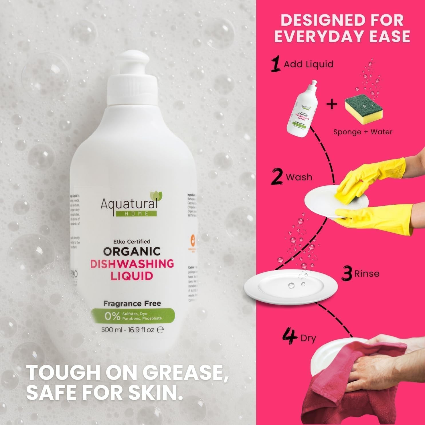 Organic Dishwashing Liquid 16.9 Fl Oz, Plant Based, Unscented, Sensitive Skin
