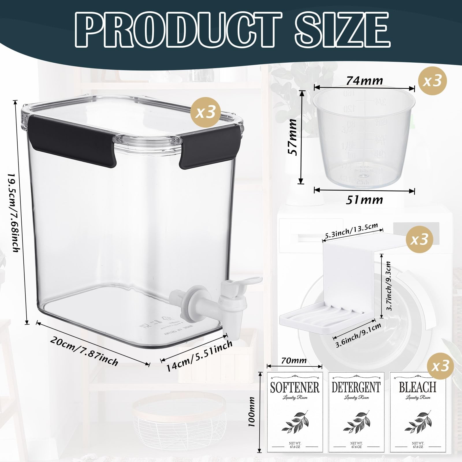 3 Set 67.6 oz Liquid Laundry Detergent Dispenser with Faucet and Cup Holder L…