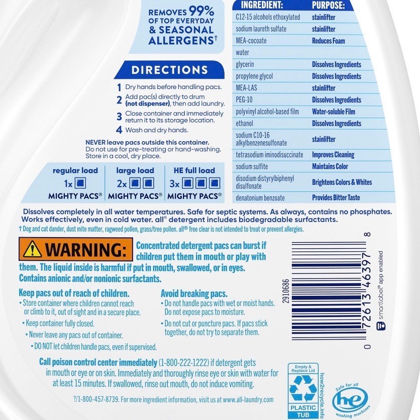 All Free Clear MIGHTY PACS Laundry Detergent Pacs Original 120ct Gentle Clean