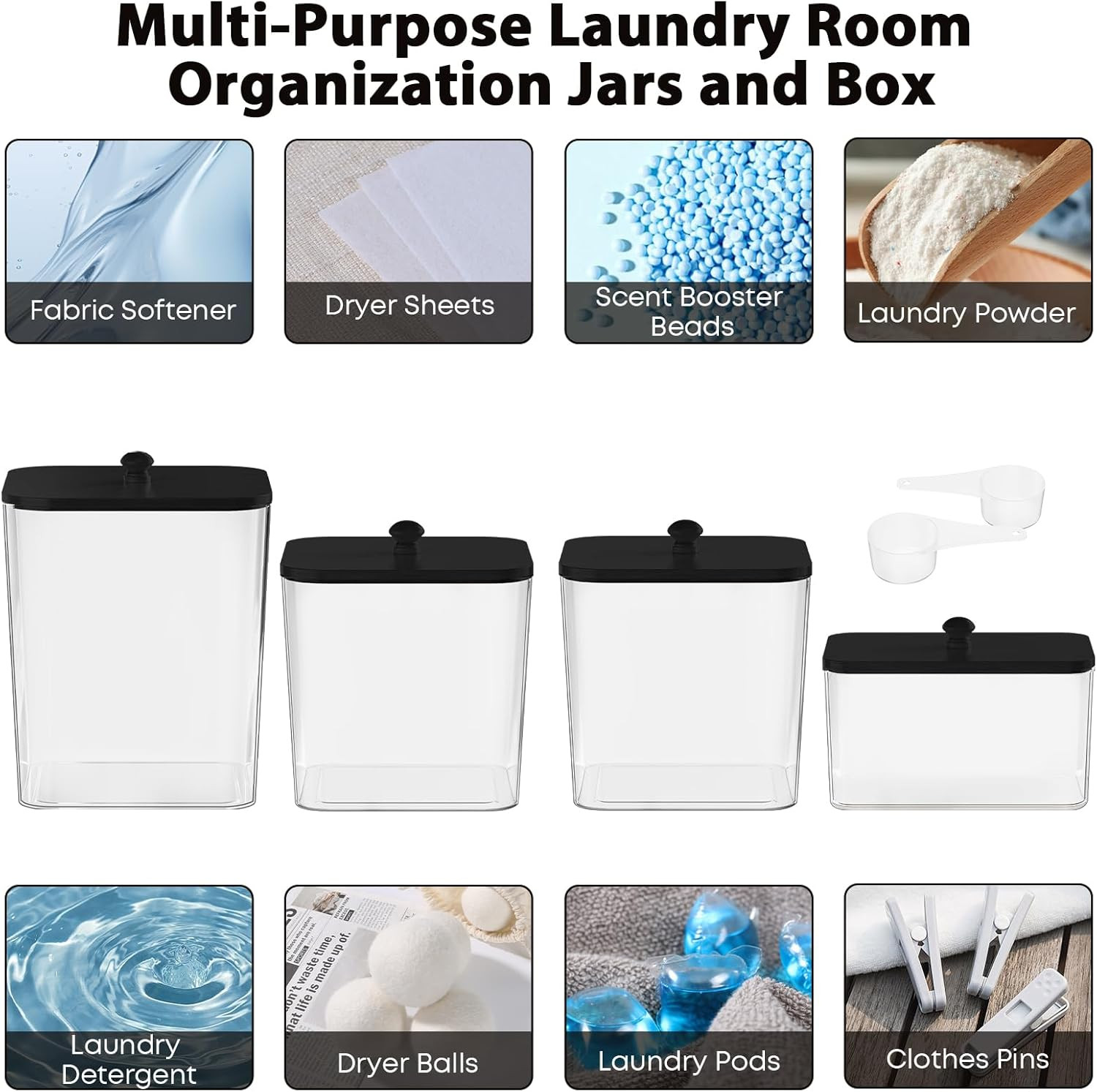 4 Pack Clear Laundry Pods Containers with Lids Scoops Laundry Storage Jars