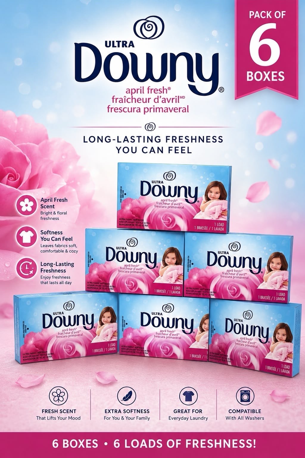 Downy Ultra April Fresh Fabric Softener Dryer Sheets, 6 Pack, 1 Load, Pink