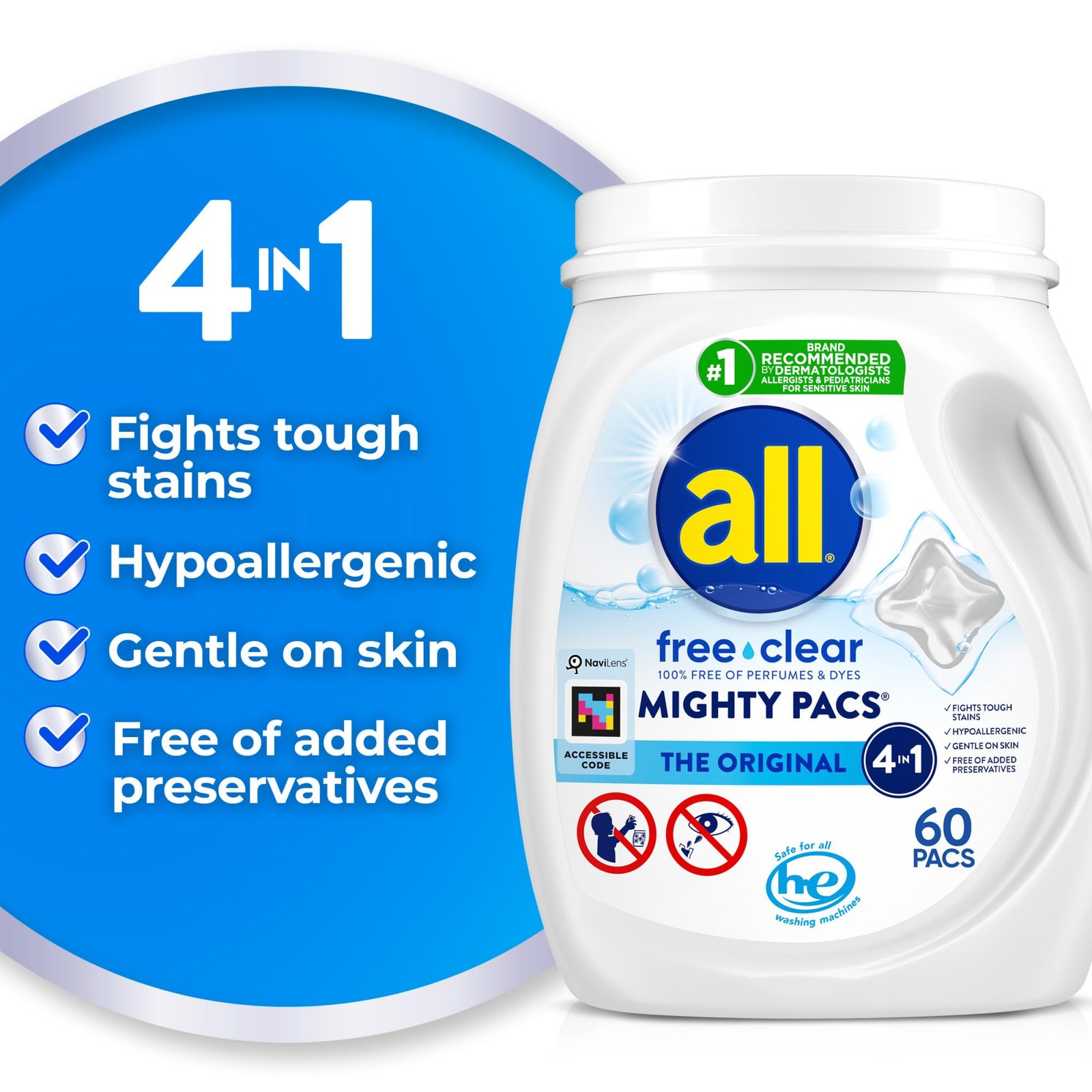 Mighty Pacs Laundry Detergent, Free Clear for Sensitive Skin, Tub, 60 Count