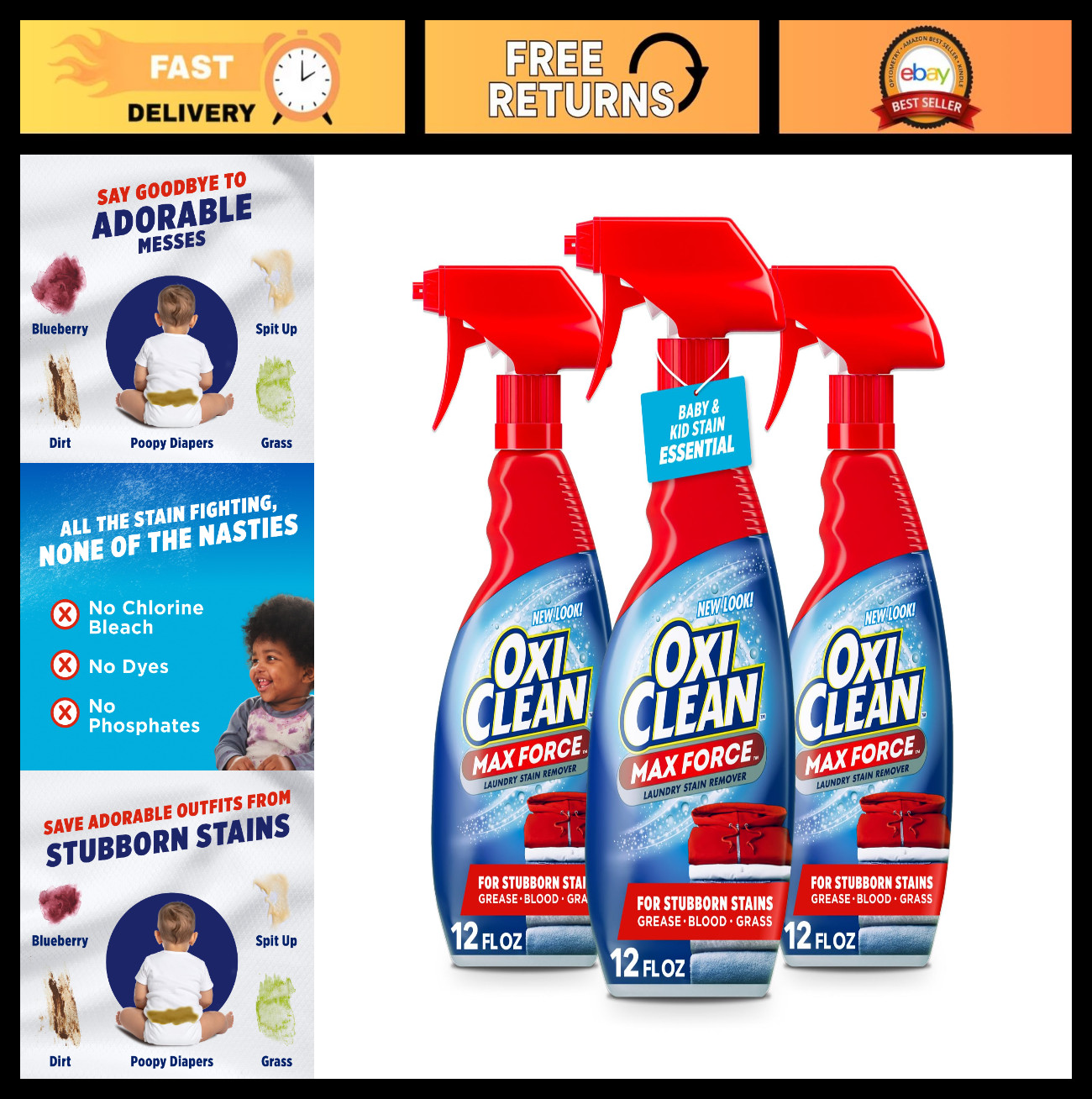 Powerful Laundry Stain Remover Spray – Baby Safe, 12 fl oz, 3-Pack, Stain Treate