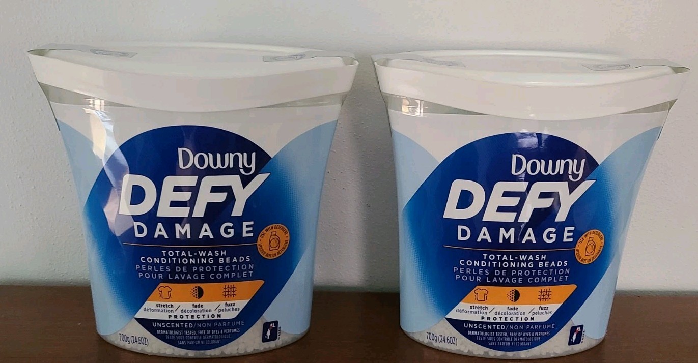 (2) Downey Defy Damage Total Wash Conditioning Beads UNSCENTED 19.5 Oz. each Tub