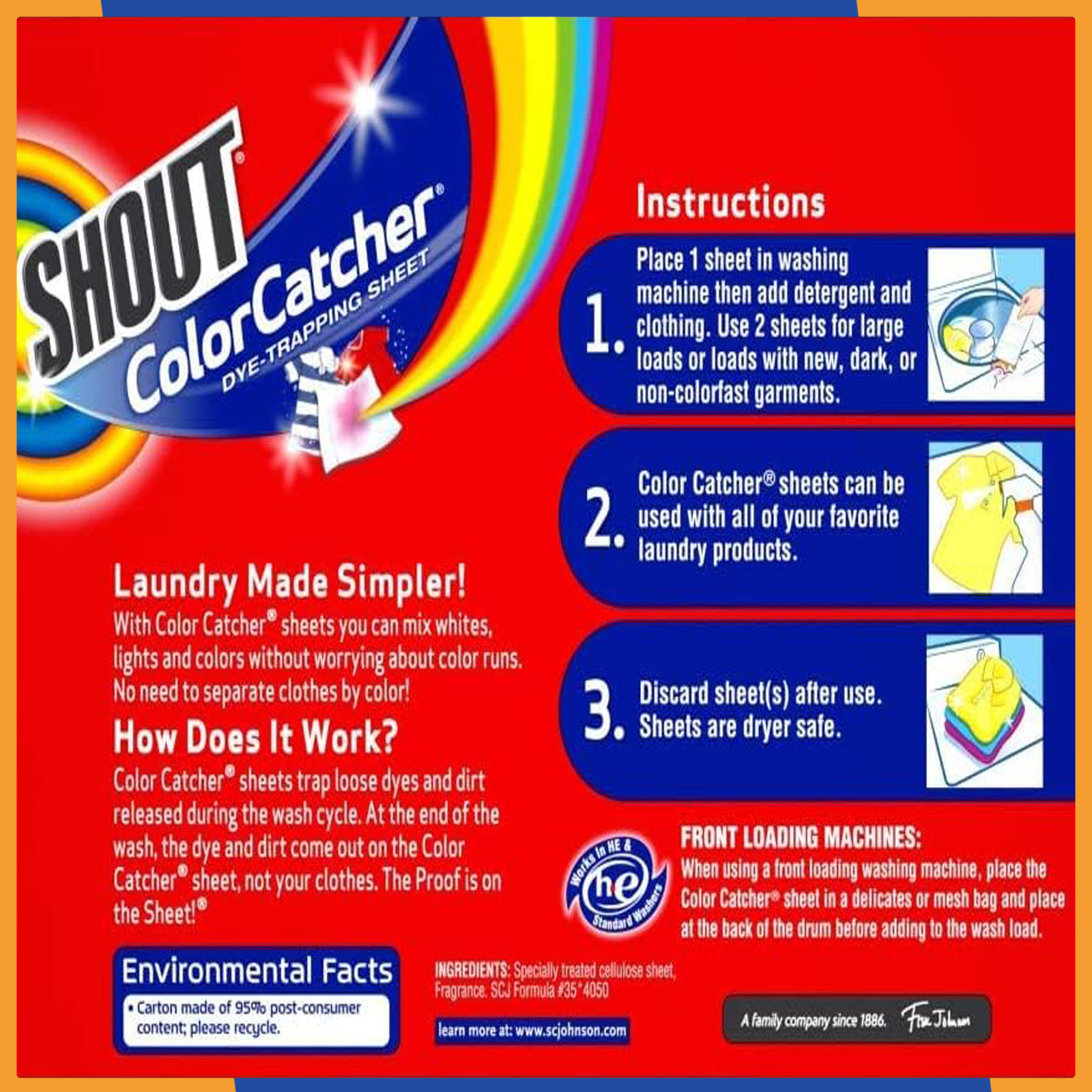 Shout Color Catcher Dye Trapping Sheets 72 Count Laundry Detergent Safe Pack of2