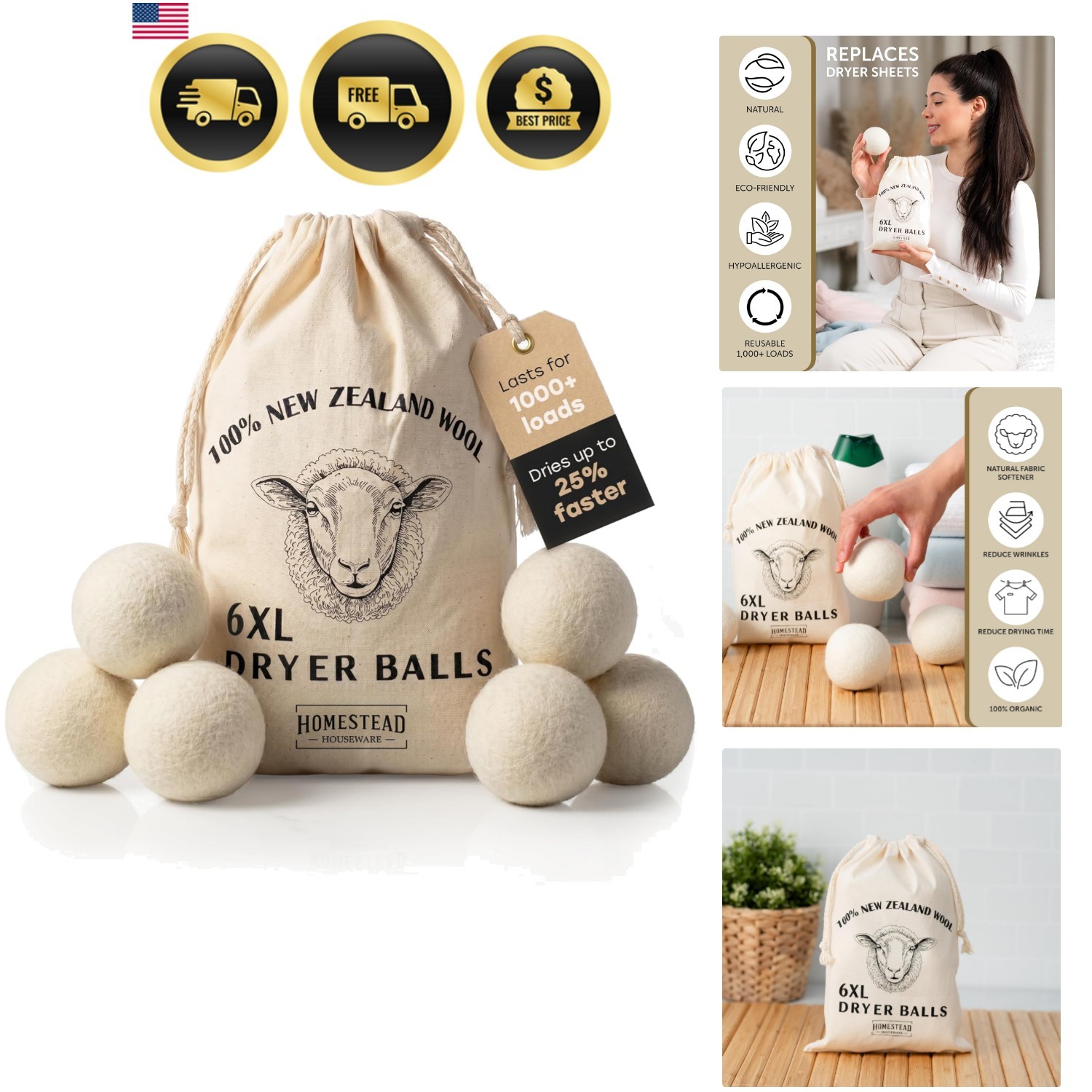 XL Wool Dryer Balls 6-Pack – 100% New Zealand Wool, Natural Fabric Softener &…