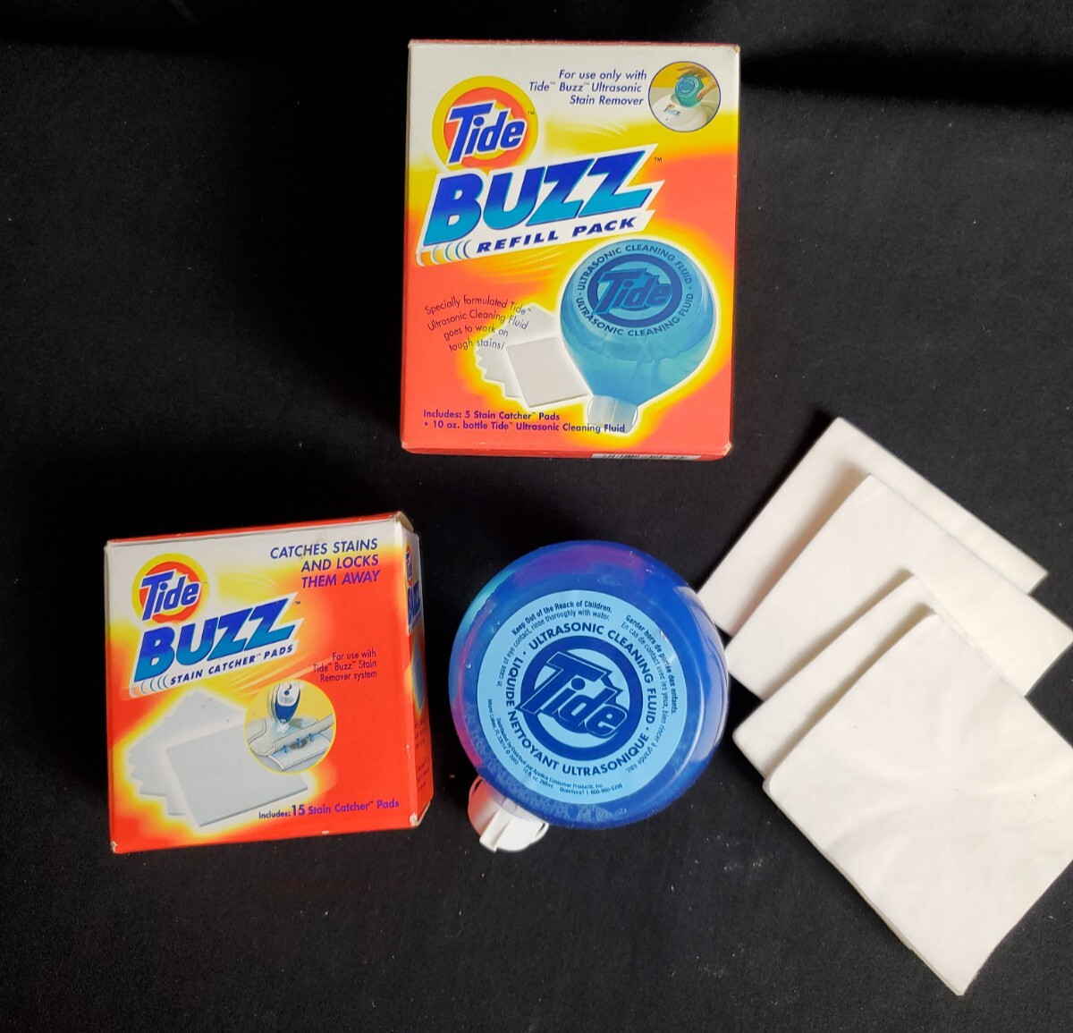 Tide Buzz Refill Pack 10 Oz Ultrasonic Fluid 15 Extra Stain Catcher Pad Open Box