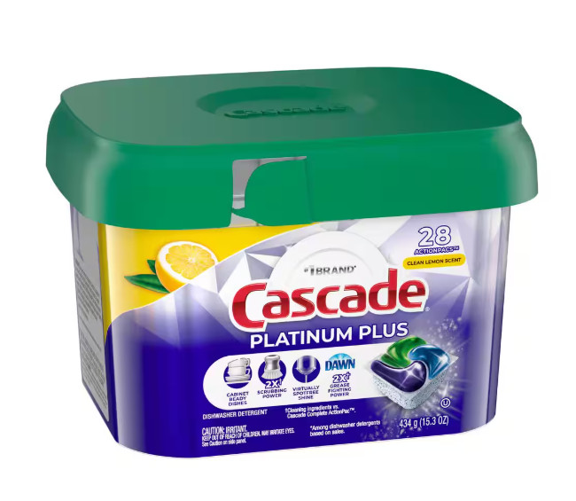 Cascade Platinum Plus Dishwasher Pods, 28-Count, Clean Lemon Scent Detergent