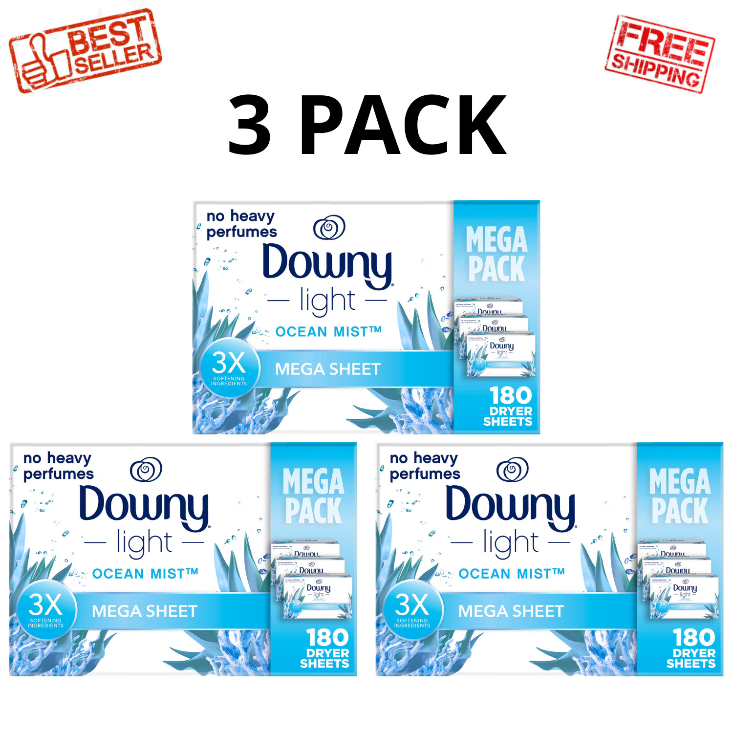 Downy Light Mega Dryer Sheets Ocean Mist Fabric Softener 180 Count, 3 Pack