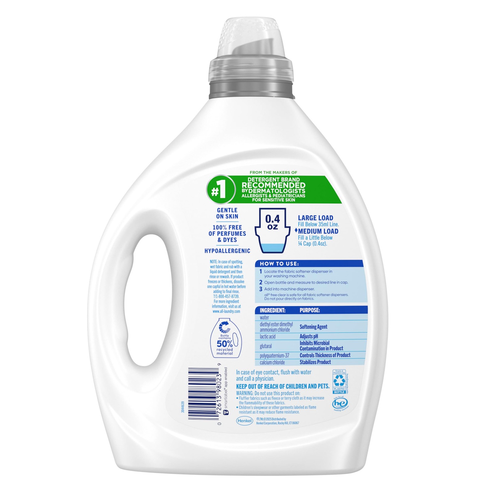 All Free Clear Liquid Fabric Softener for Sensitive Skin, 80 Oz, 200 Loads