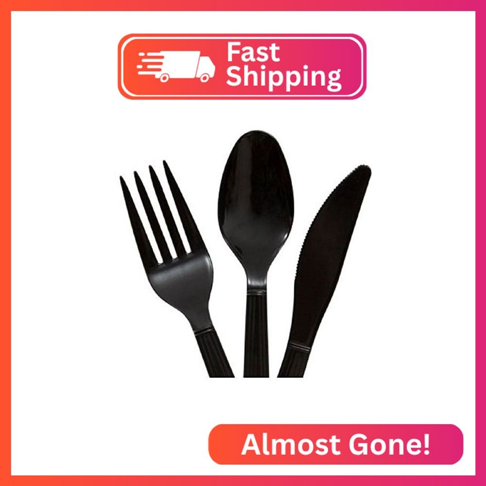 Red & Black Heavy Duty Plastic Cutlery Sets – 16 Spoons, 16 Forks, 16 Knives – 2