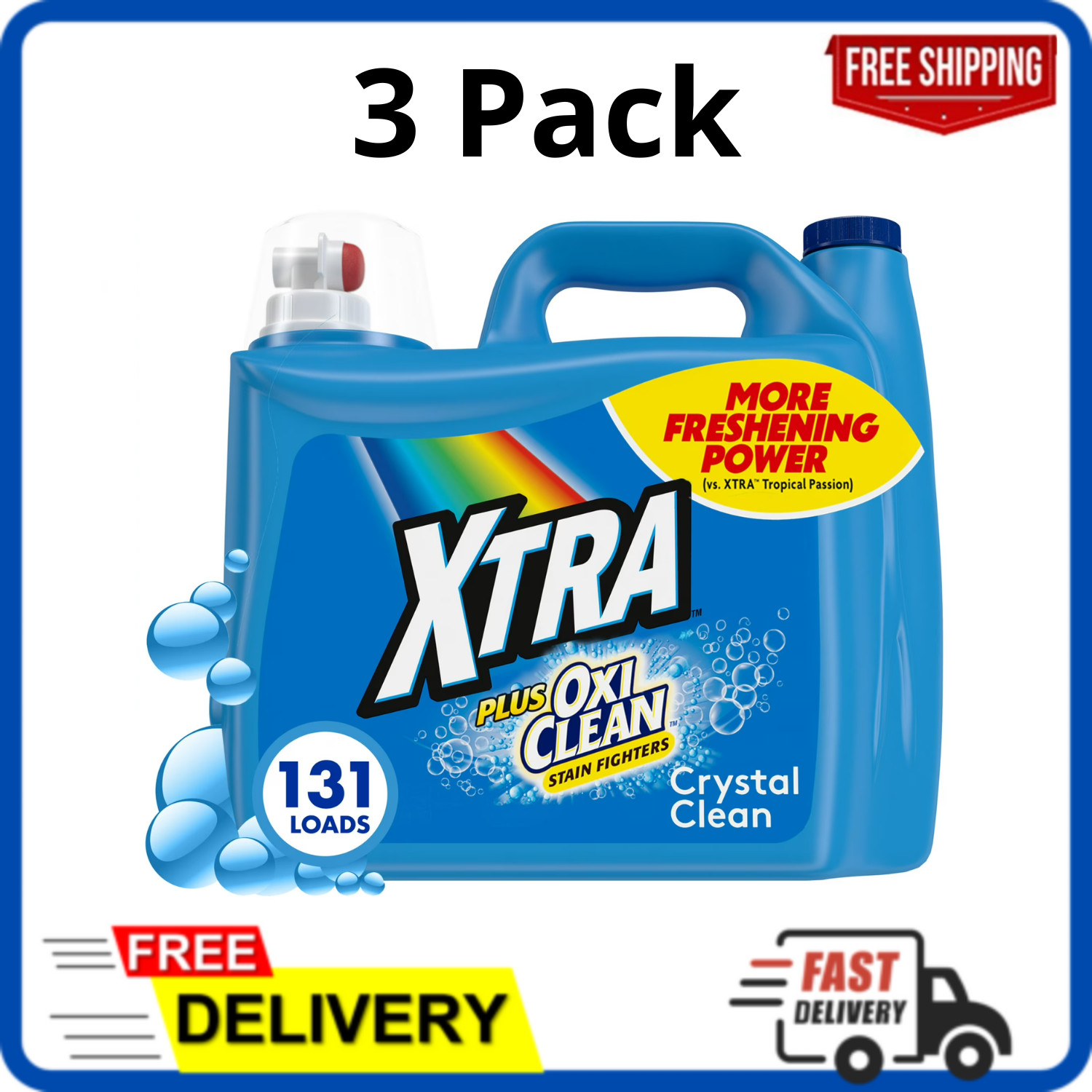 (3 Pack) Xtra Plus OxiClean, 131 Loads Liquid Laundry Detergent, 203.1 fl oz