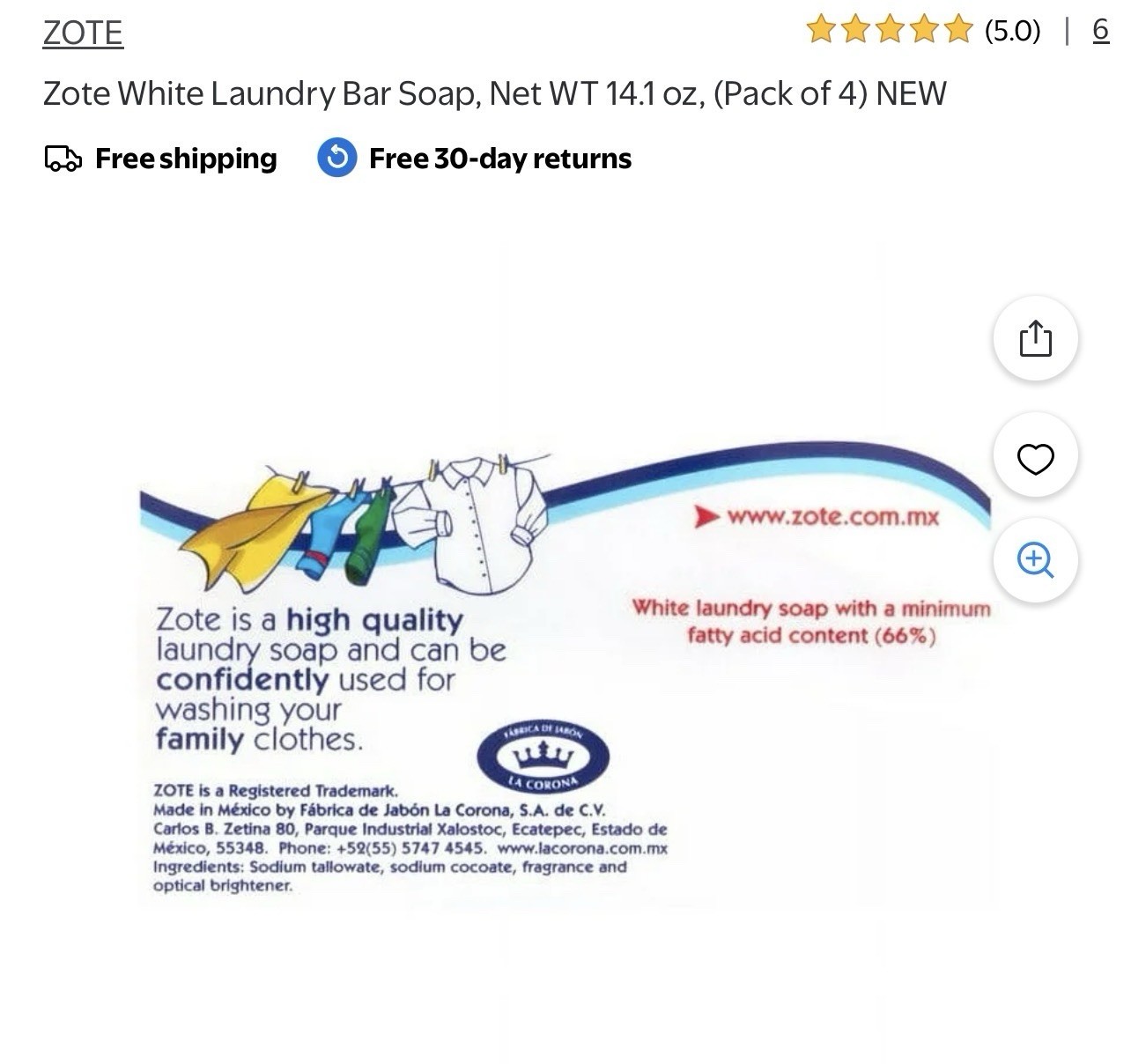 Zote White Laundry Bar Soap Optical Brightener 14.1oz Each (Pack of 4)