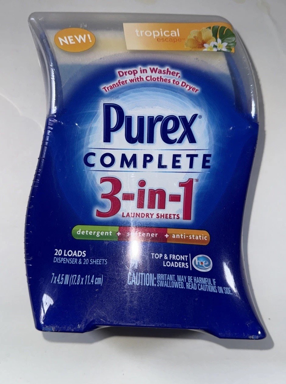 Purex Detergent Complete Laundry Sheets Softener Anti Static 20 Loads Tropical