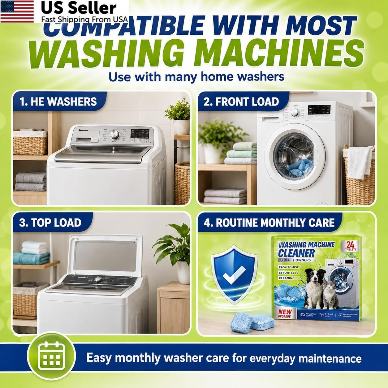 Enzyme Washing Machine Cleaner Tablets Pet Odor Hair Remover Front Top Load 24ct