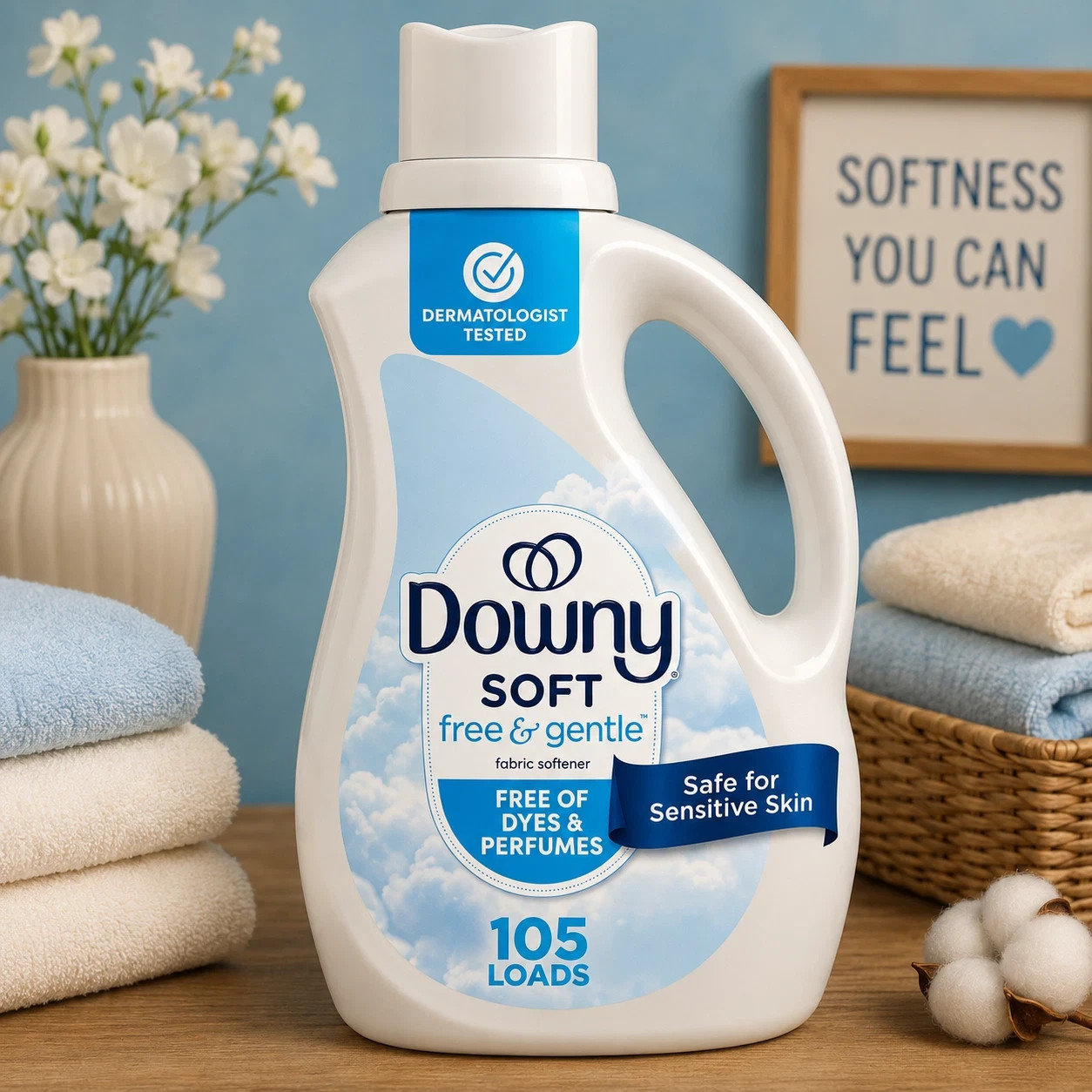 Downy Free & Gentle Fabric Softener, 77 fl oz, 105 Loads, Hypoallergenic