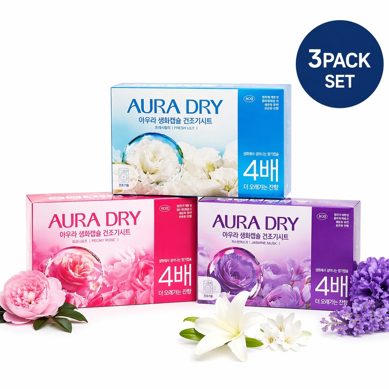 AURA Dryer Sheets 240 Sheets Fabric Softener Anti Static Laundry (3 Scents Set)