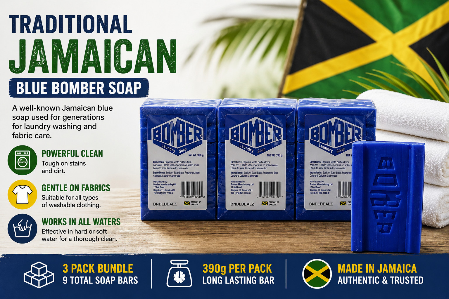 Blue Bomber Cake Soap 9 Bars (3 Packs 390g Each) | Jamaican Blue Soap Bar